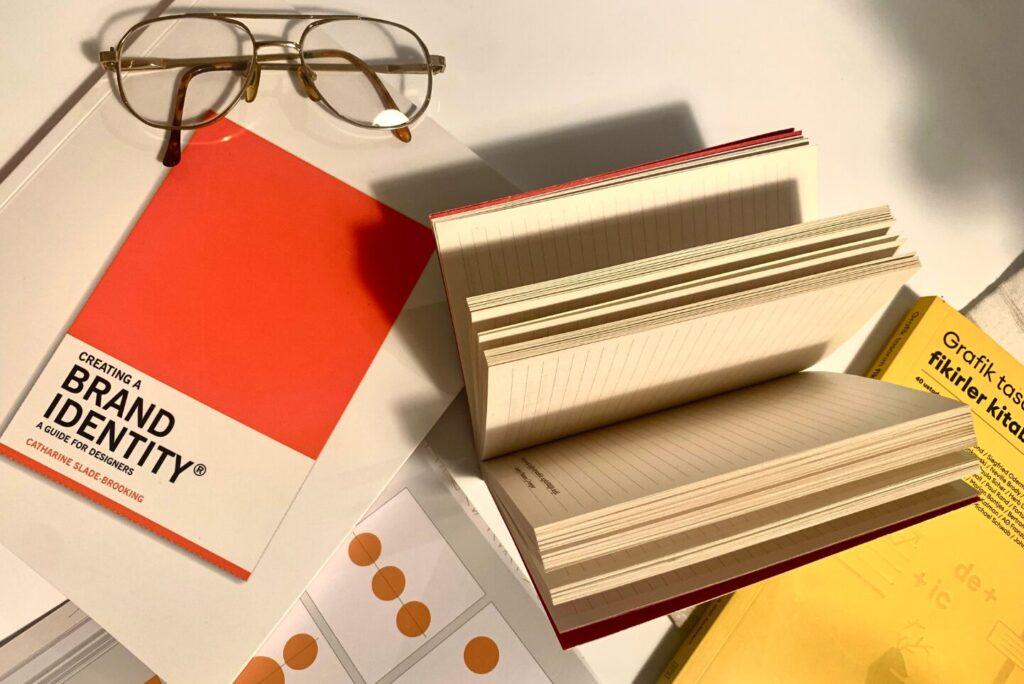 Books laid out on a table that suggest brand identity.
