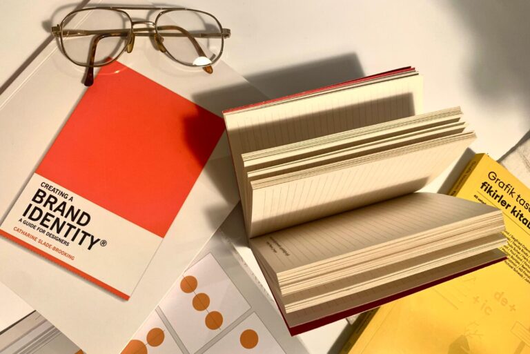 Books laid out on a table that suggest brand identity.