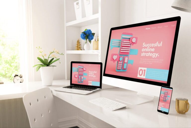 Multiple screens showing the words successful marketing strategy.