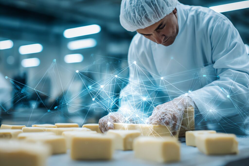 Man working with blocks of cheese wearing food safe apparel.