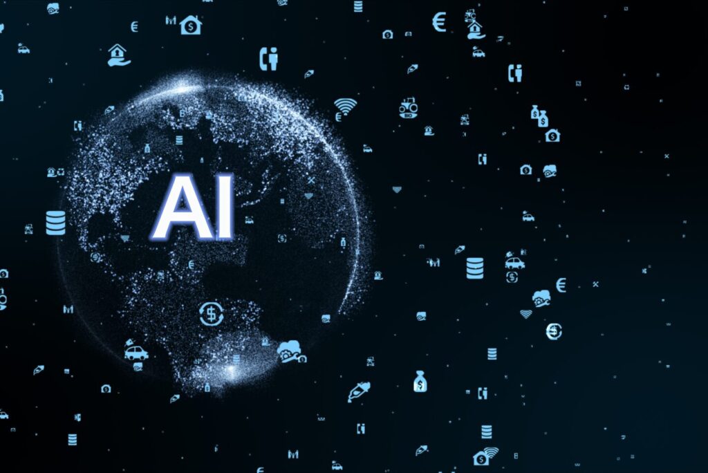 AI represented by multiple icons such as finance, home, car, writing, graphs and charts.
