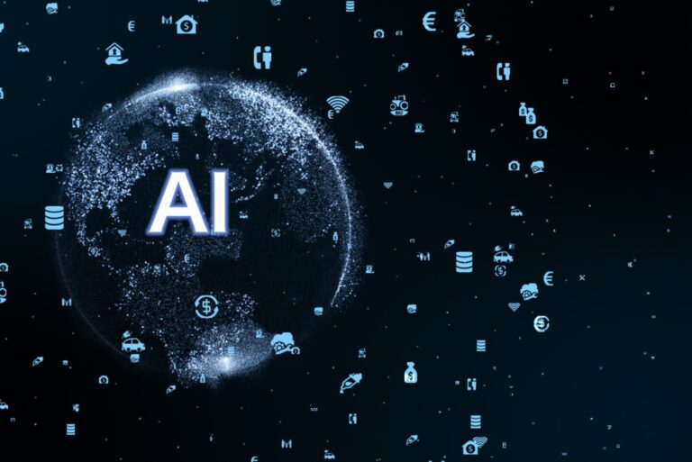 AI represented by multiple icons such as finance, home, car, writing, graphs and charts.
