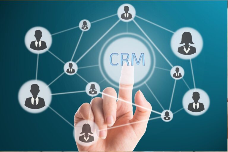The letters CRM suspended in air with links to various business contacts all around.