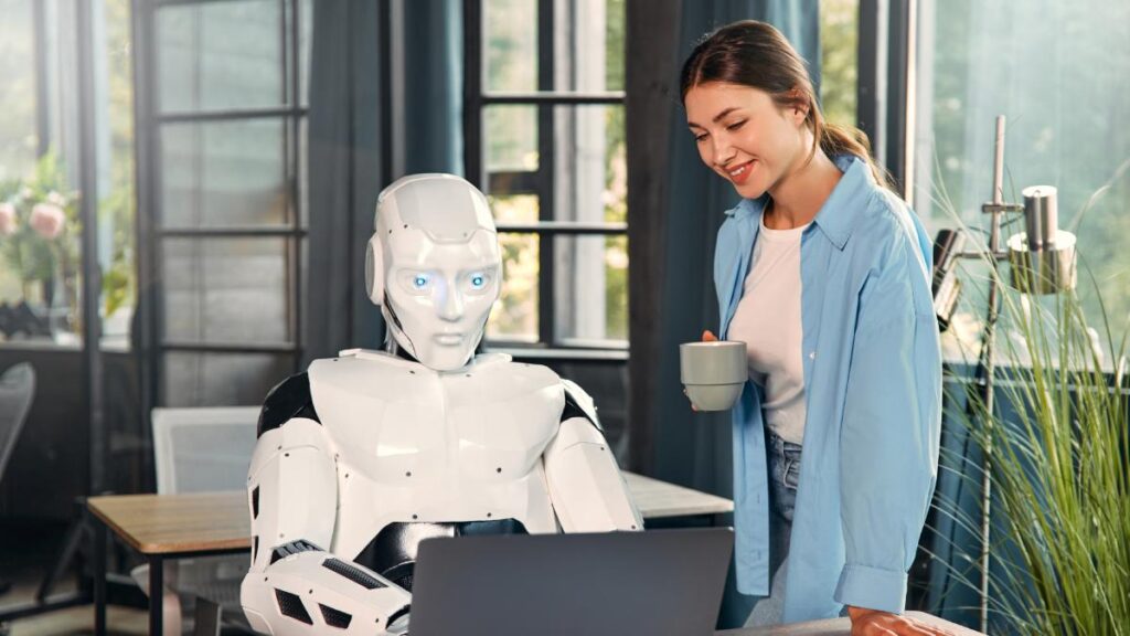 smiling marketer overseeing robot writing content in an office