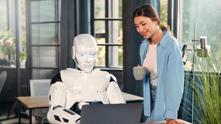 smiling marketer overseeing robot writing content in an office