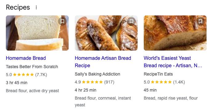 example of schema markup using a bread recipe screenshot