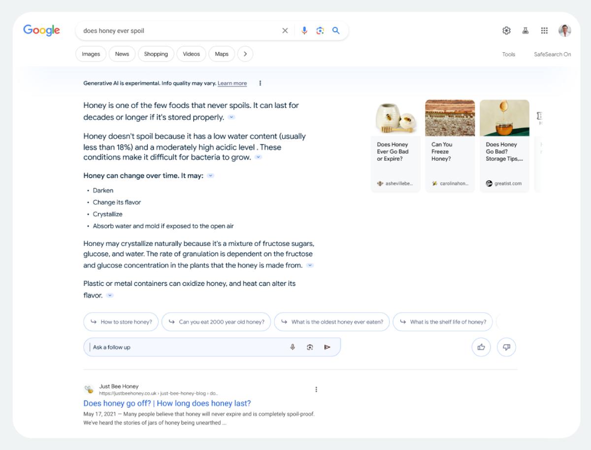 screenshot of an example of generative ai in search from google