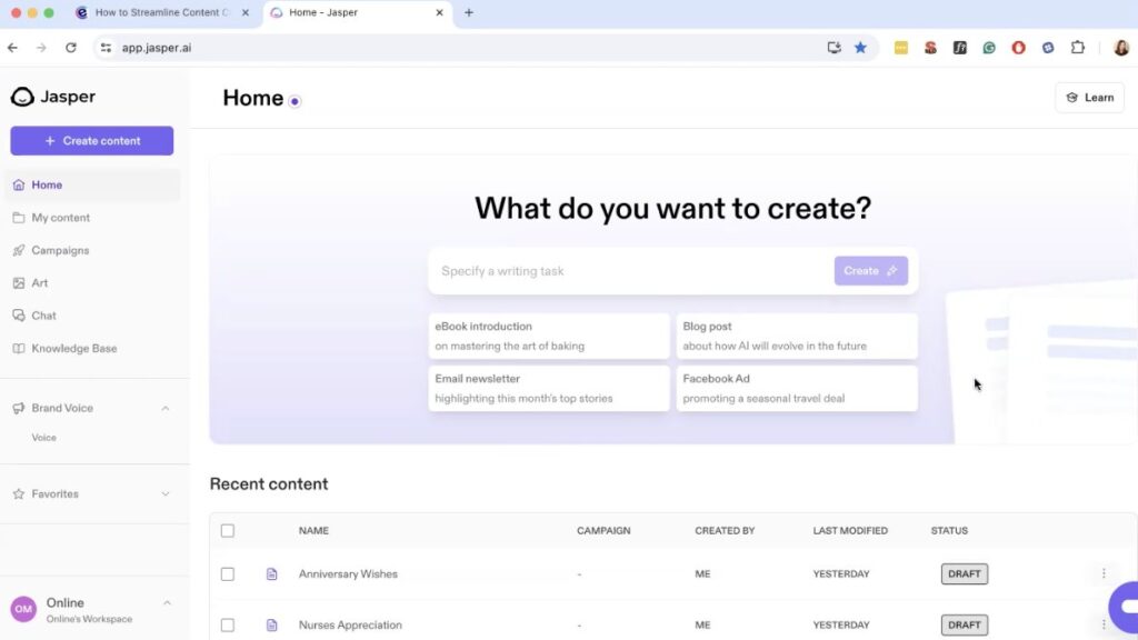 homepage of jasper AI showing "What do you want to create?"