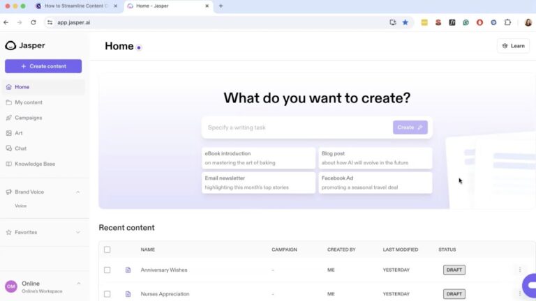 homepage of jasper AI showing "What do you want to create?"