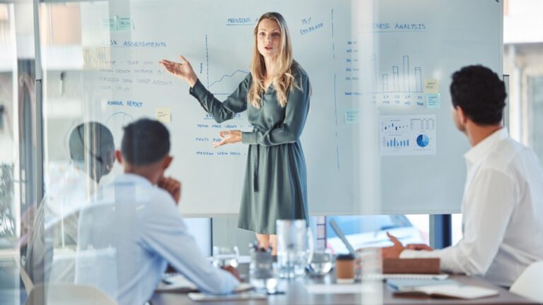 marketing agency strategizing in a conference room with a large whiteboard