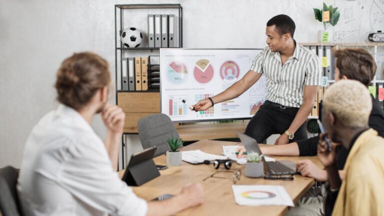 marketing team listening to lead giving a presentation