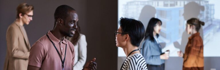 trade show attendees talking