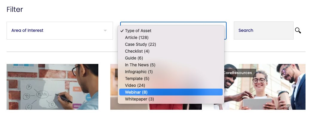 screenshot of a resource center's filtering by content type feature
