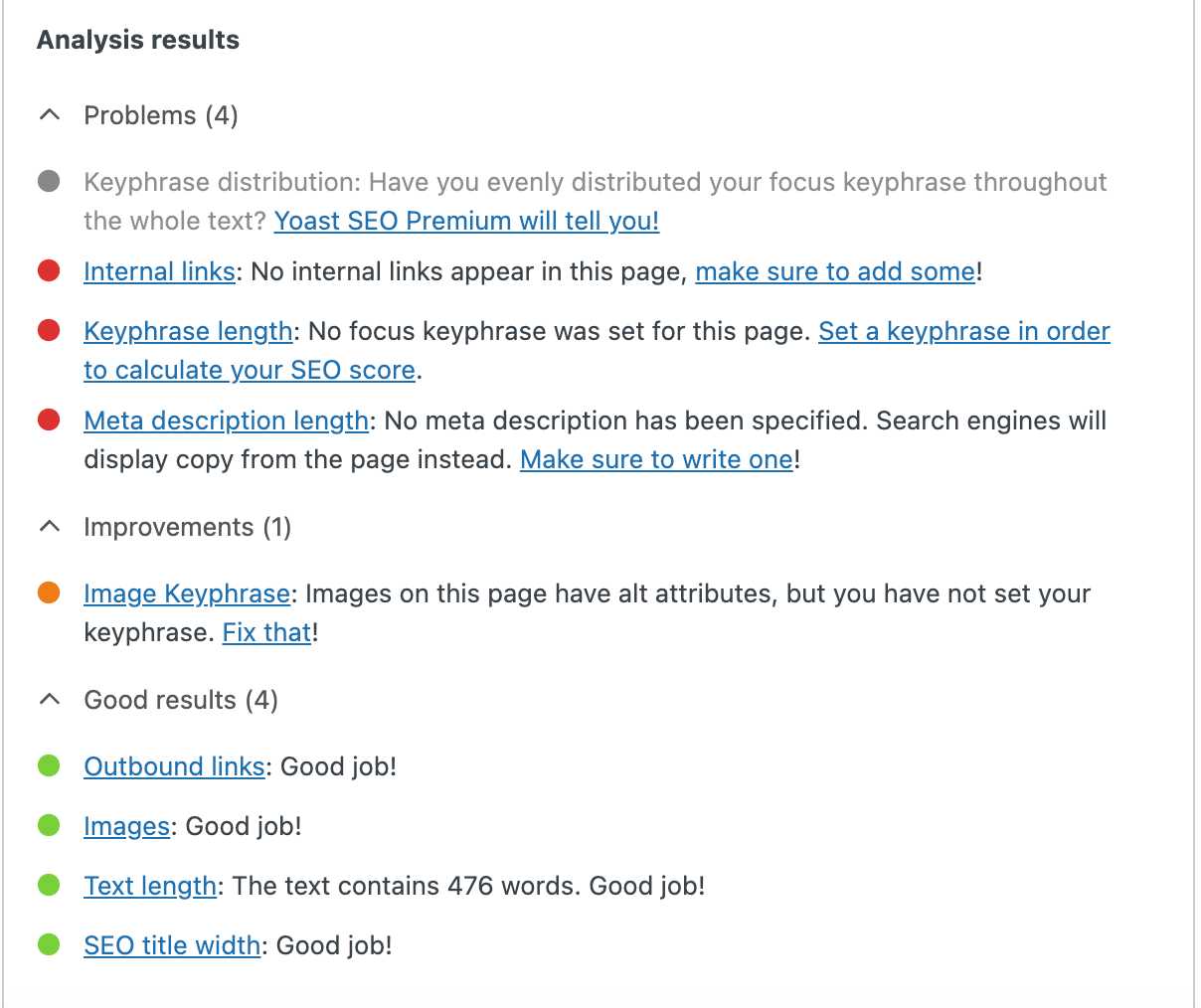 screenshot of yoast seo wordpress plugin with analysis results and recommendations